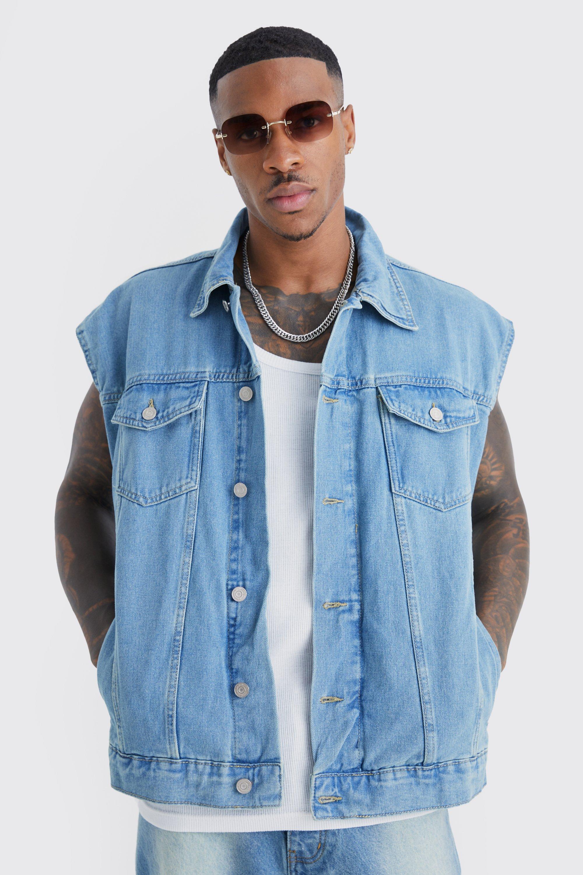 Sleeveless denim jacket store with hood